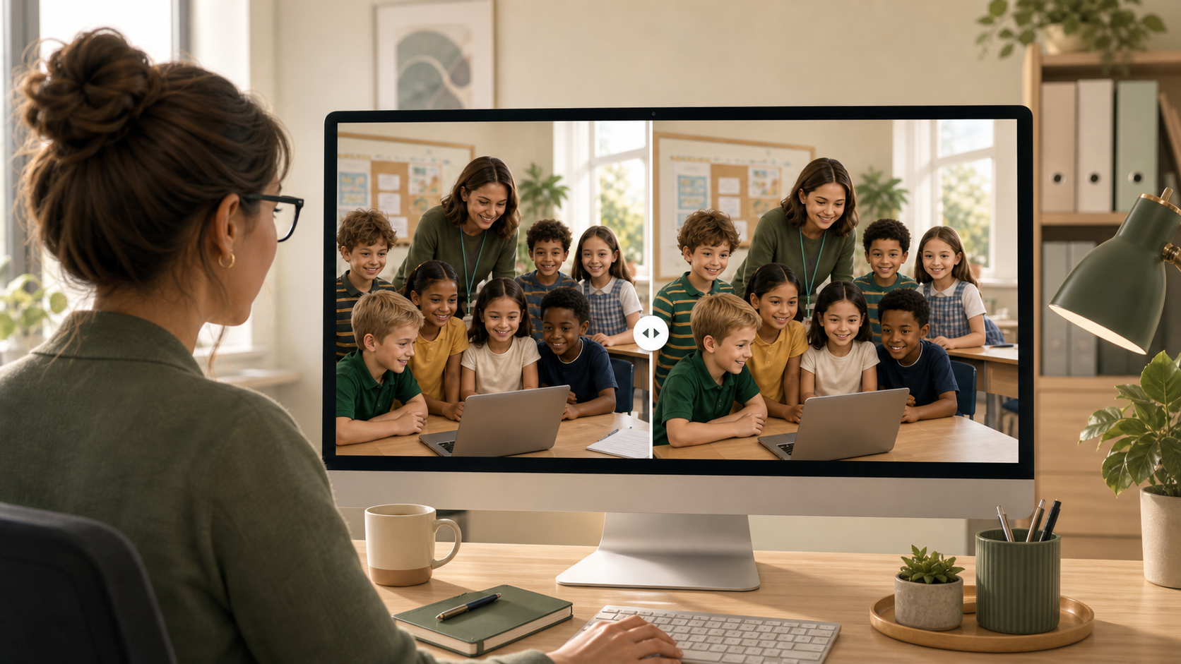 Illustration of school staff reviewing photos locally and replacing real faces with synthetic alternatives